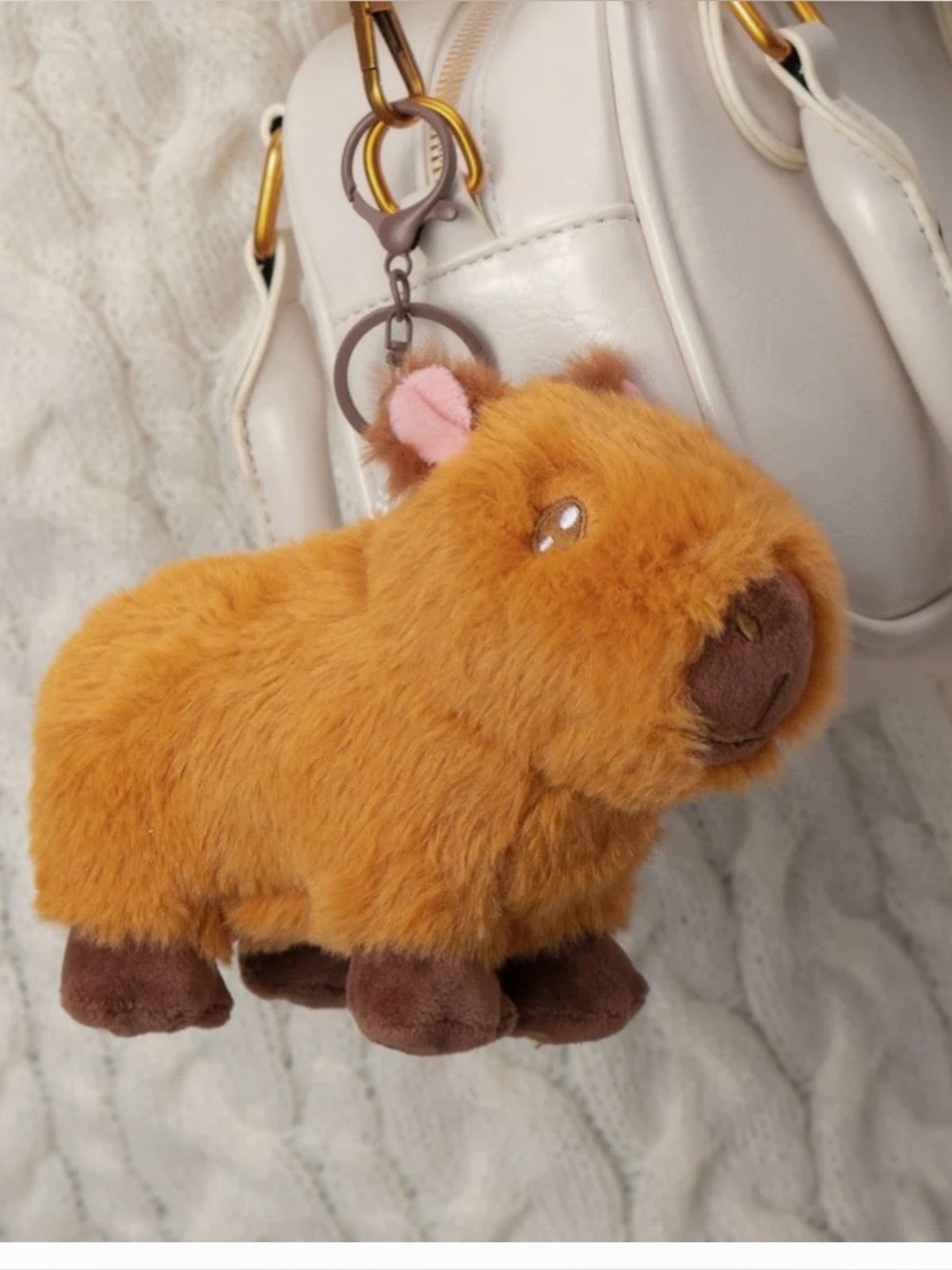 Watermelon Capybara Plush Keychain - Light Brown Faux Fur